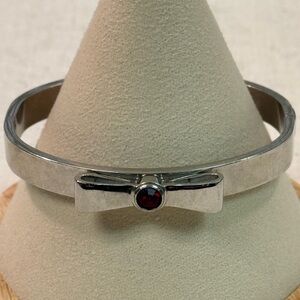 Rustic Cuff Cindy Silvertone & Red Gem Hinge Bracelet